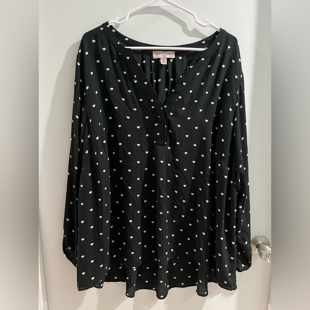 Philosophy Black Blouse with White Heart Print, Long Sleeve, size 3X